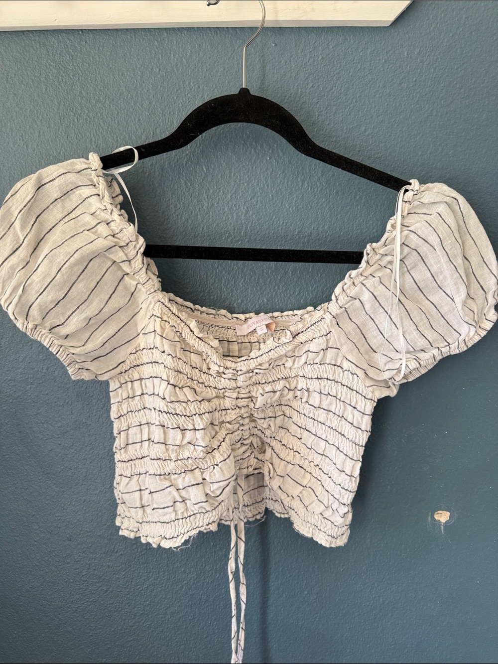 Olivaceous Ivory and Black Striped Smocked Puff-Sleeve Crop Top